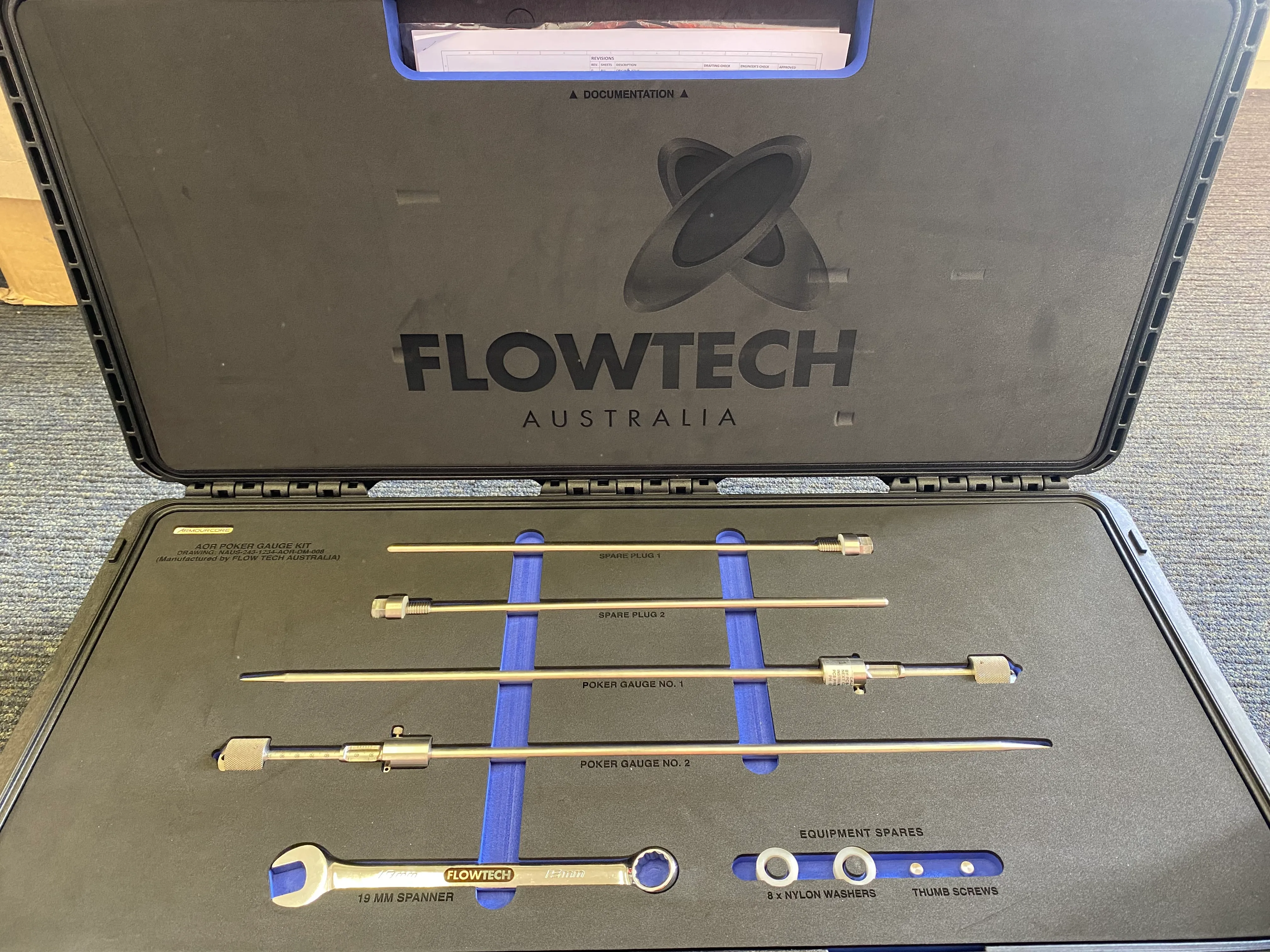 Poker gauge set seated in a foam padded plastic case